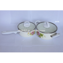 Carbon steel enamel saucepan set with bakelite handle and glass lid